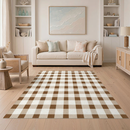 Rustic Farmhouse Brown Gingham Checkered Area Rug