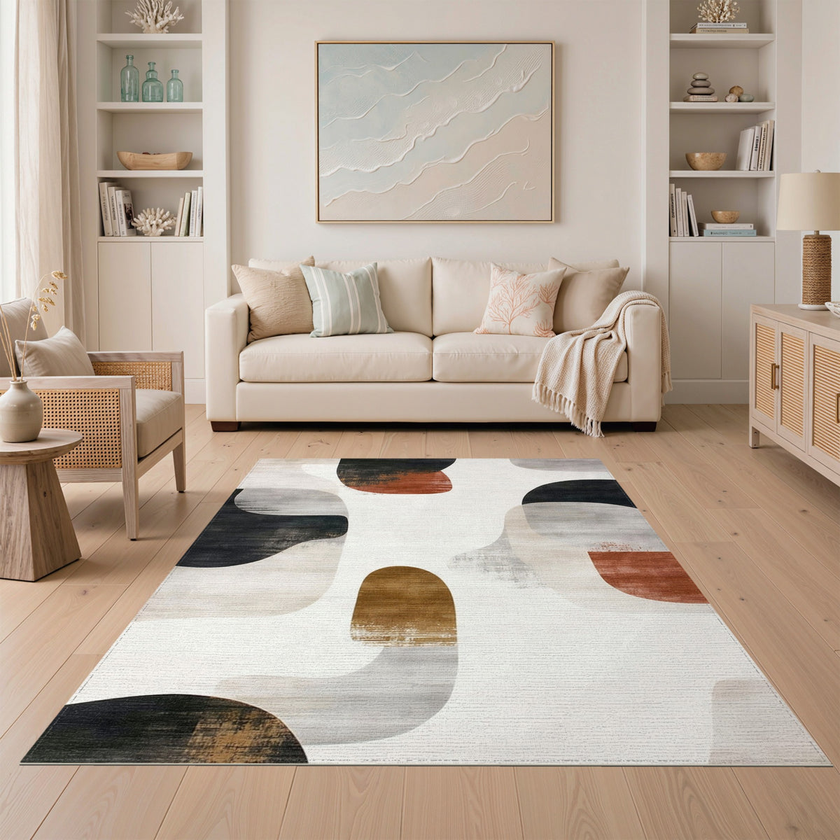 Beige and Neutral Abstract Area Abstract Neutral Shapes Area Rug