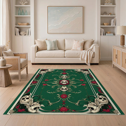 Dark Green Skull Floral Area Rug