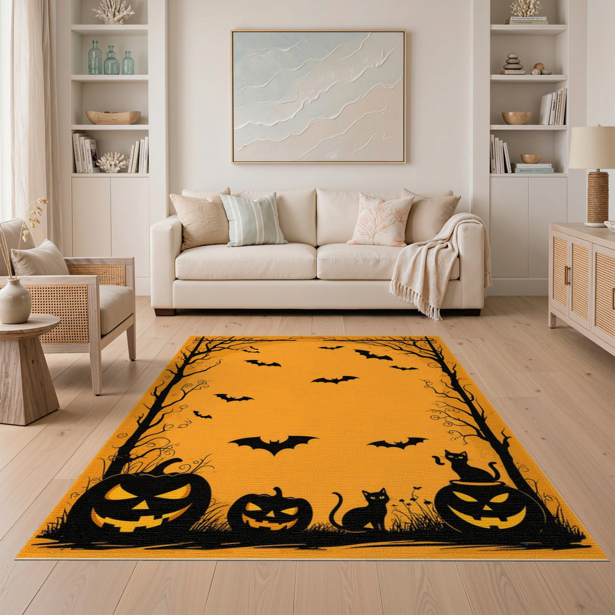 Spooky Orange Halloween Pumpkins Bats Area Rug