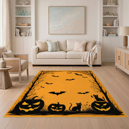 Spooky Orange Halloween Pumpkins Bats Area Rug