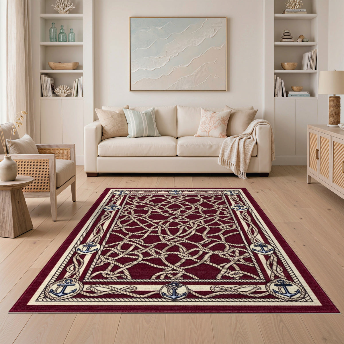 Coastal Beach Red Nautical Anchor Rope Area Rug