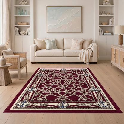 Coastal Beach Red Nautical Anchor Rope Area Rug