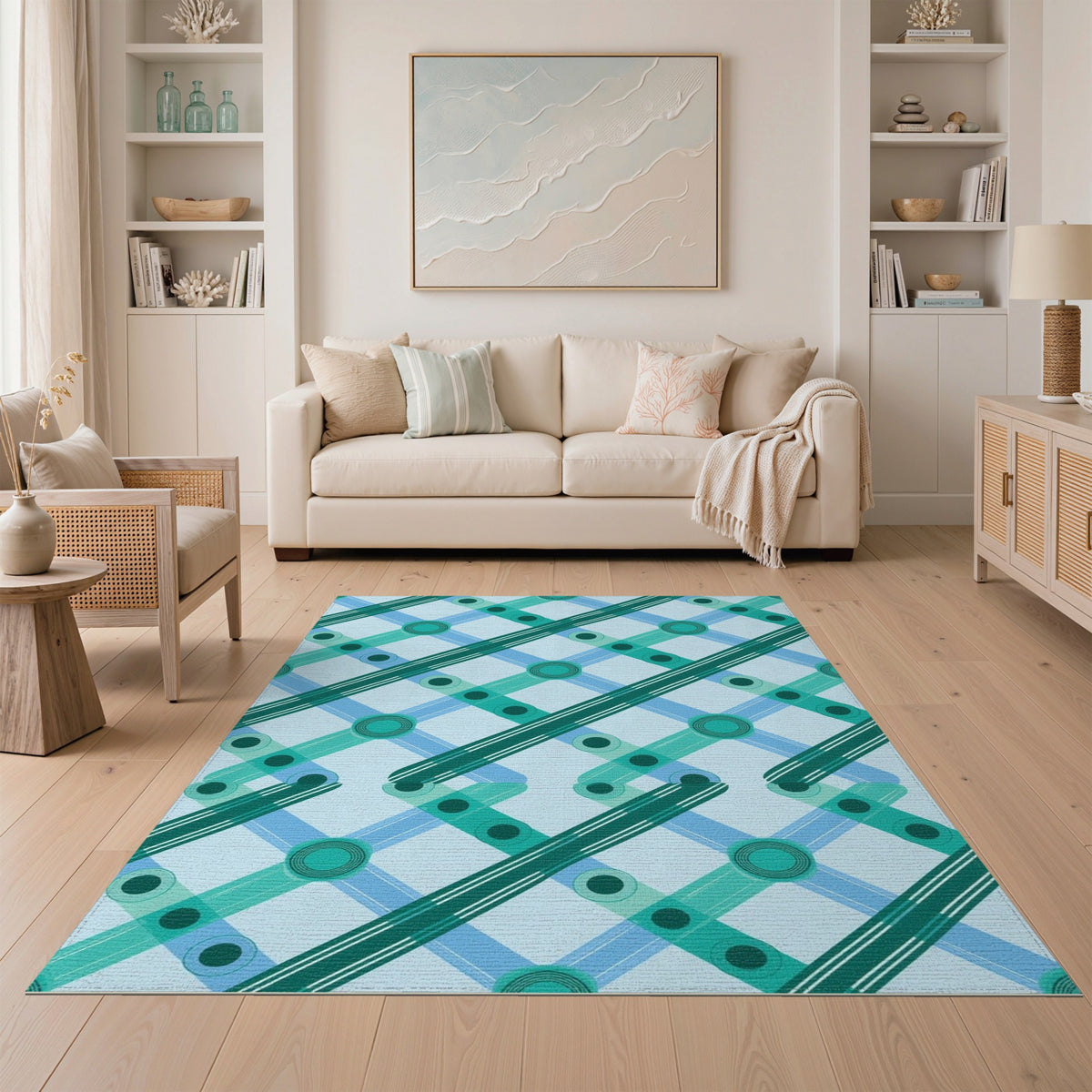 Teal Lattice Geometric Washable Area Rug
