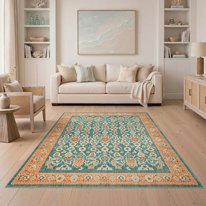 Teal Floral Vintage Area Rug with Orange Accents