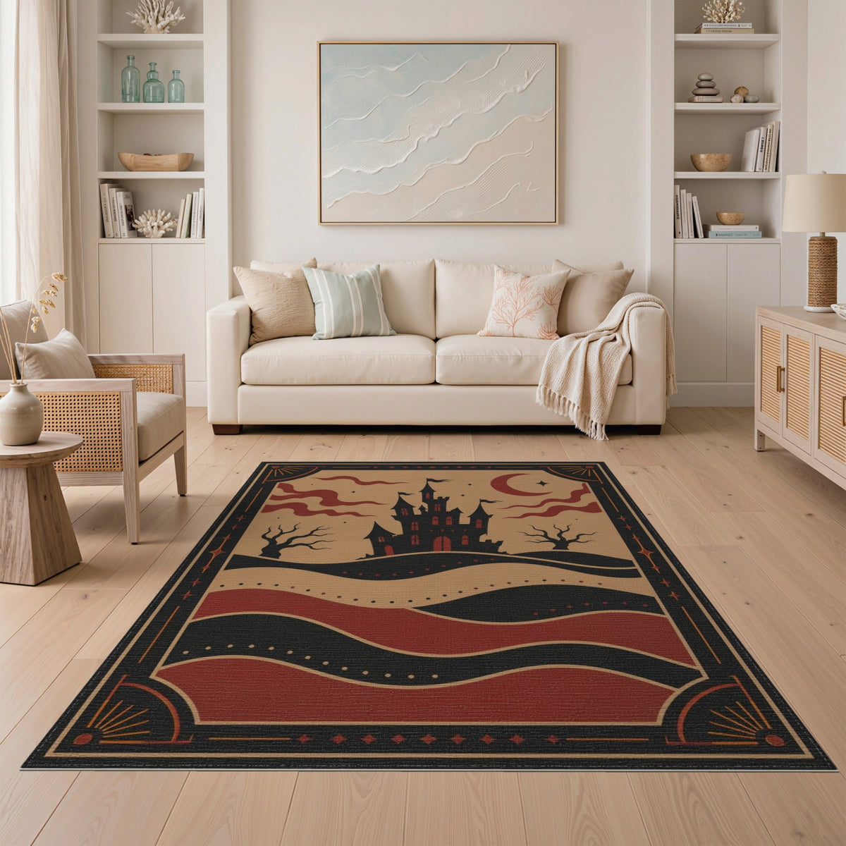 Distressed Vintage Red Gothic Castle Area Rug