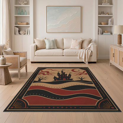 Distressed Vintage Red Gothic Castle Area Rug