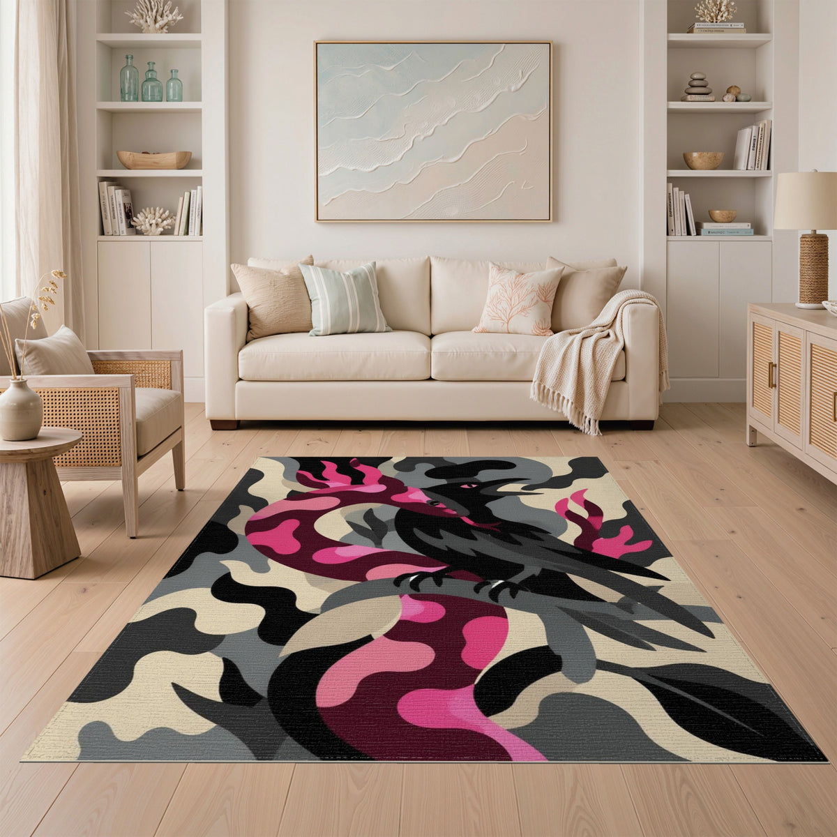 Pink Serpent Raven Abstract Area Rug