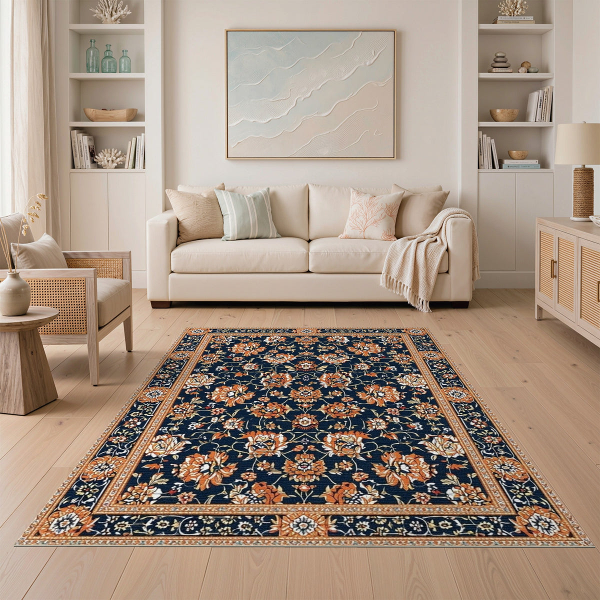 Navy Blue Floral Persian Blue and Teal Area Rug