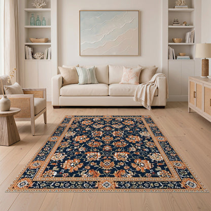 Navy Blue Floral Persian Blue and Teal Area Rug