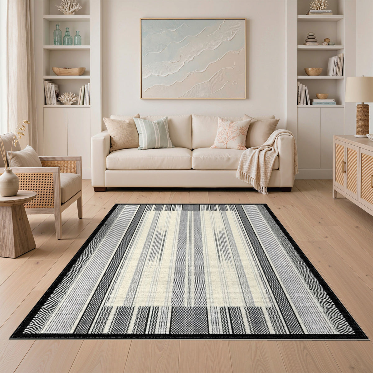 Black White Geometric Striped Area Rug