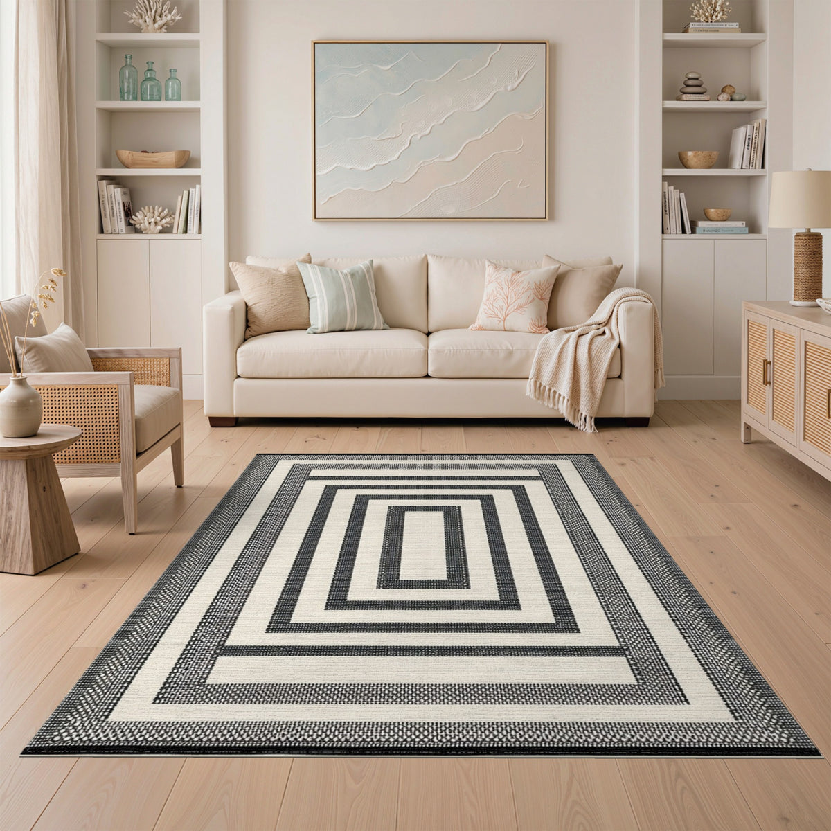 Frame Black White Geometric Frame Area Rug
