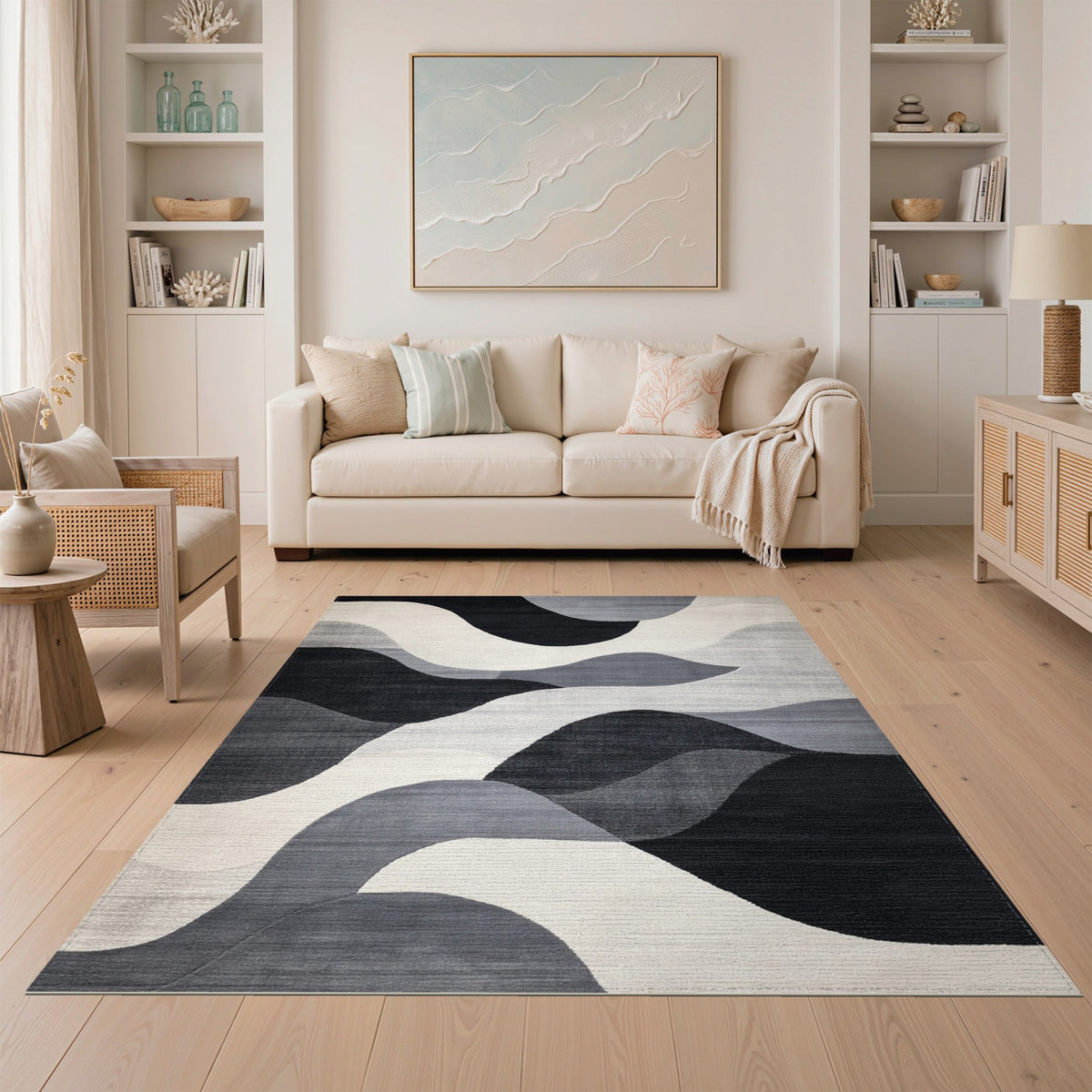 Wave Black White Abstract Wave Area Rug