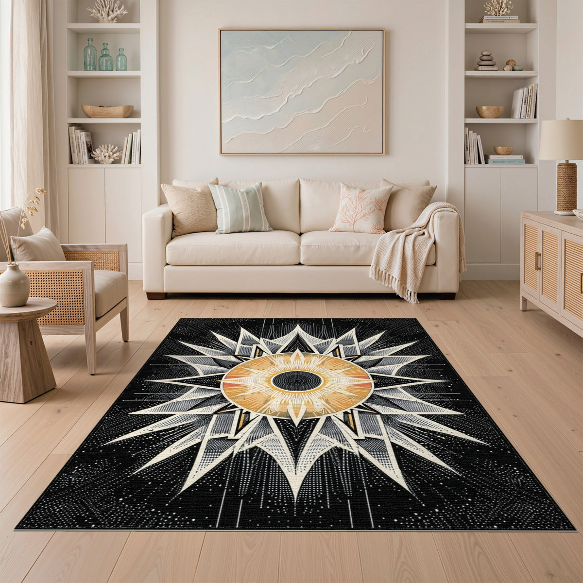 Black White Geometric Starburst Geometric Modern Area Rug