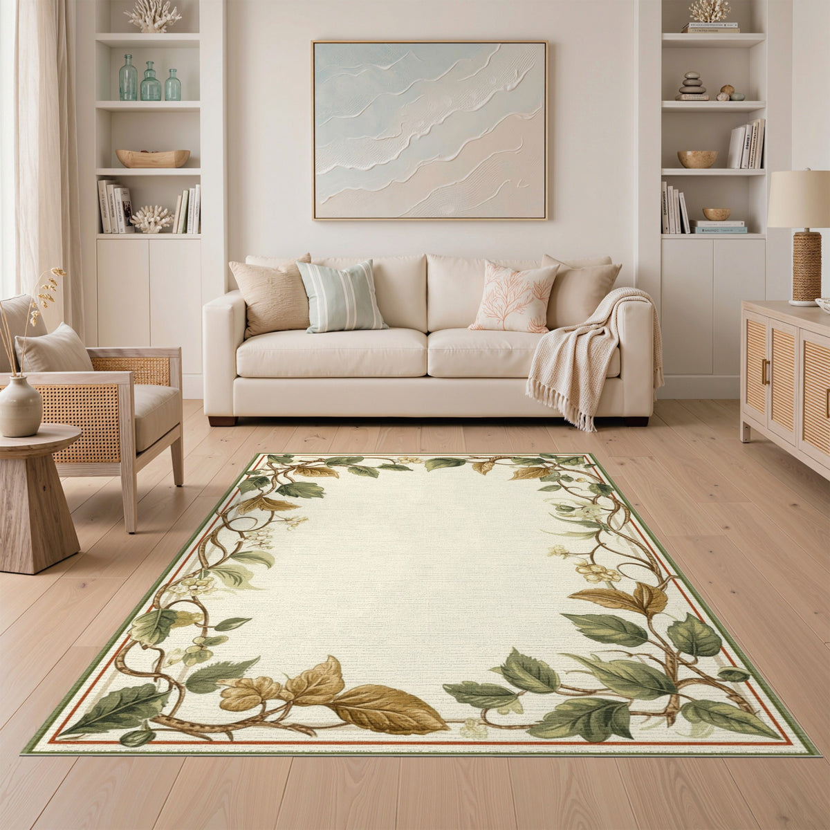 Floral Vintage Green Vine Leaf Floral Area Rug
