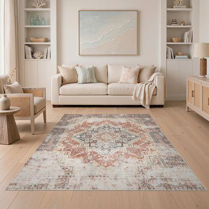 Distressed Red Medallion Vintage Area Rug