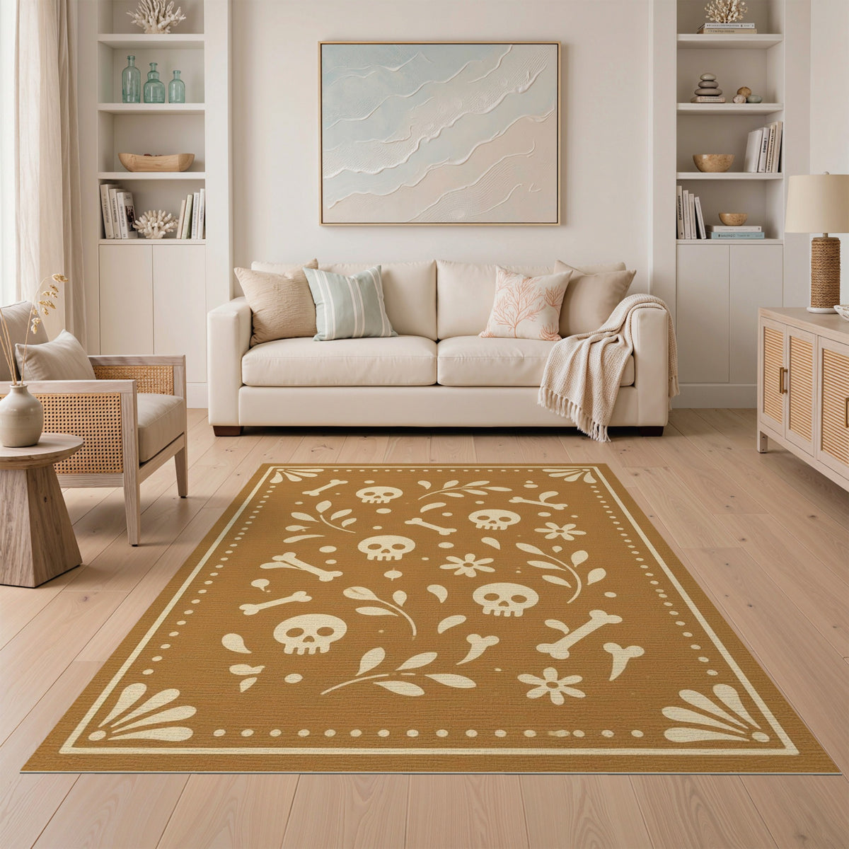 Brown Skull Floral Washable Area Rug