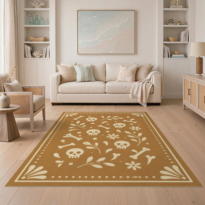 Brown Skull Floral Washable Area Rug