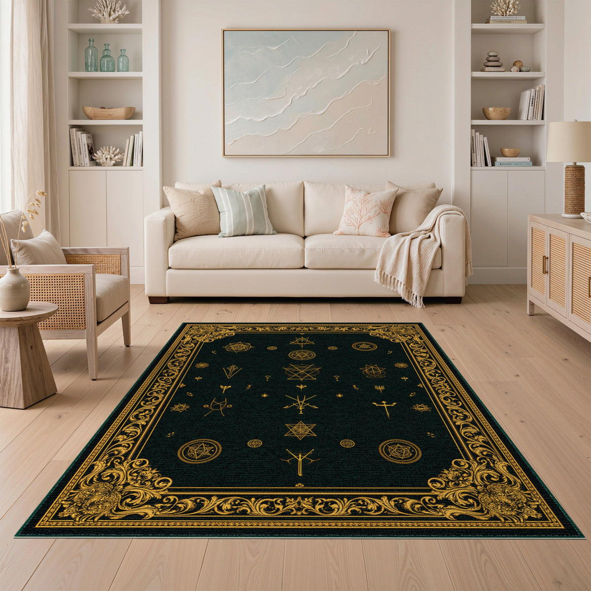 Mystical Gold Symbols Area Rug