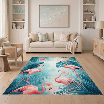 Pink Flamingo Teal Coastal Washable Area Rug