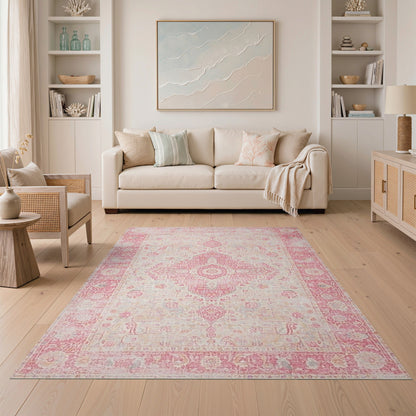 Pink Distressed Vintage Floral Pink Area Rug