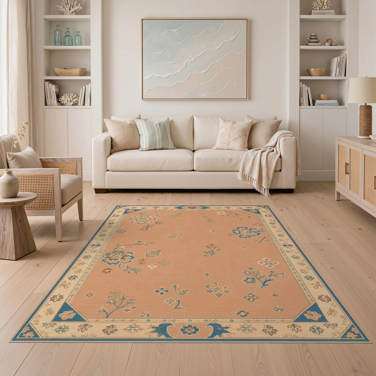 Blue Floral Vintage Peach Area Rug