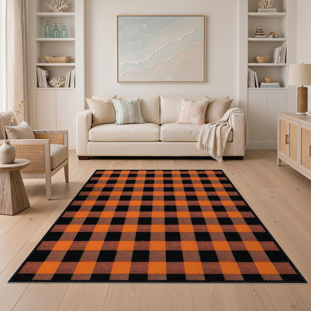 Orange Rustic Farmhouse Orange Buffalo Check Area Rug