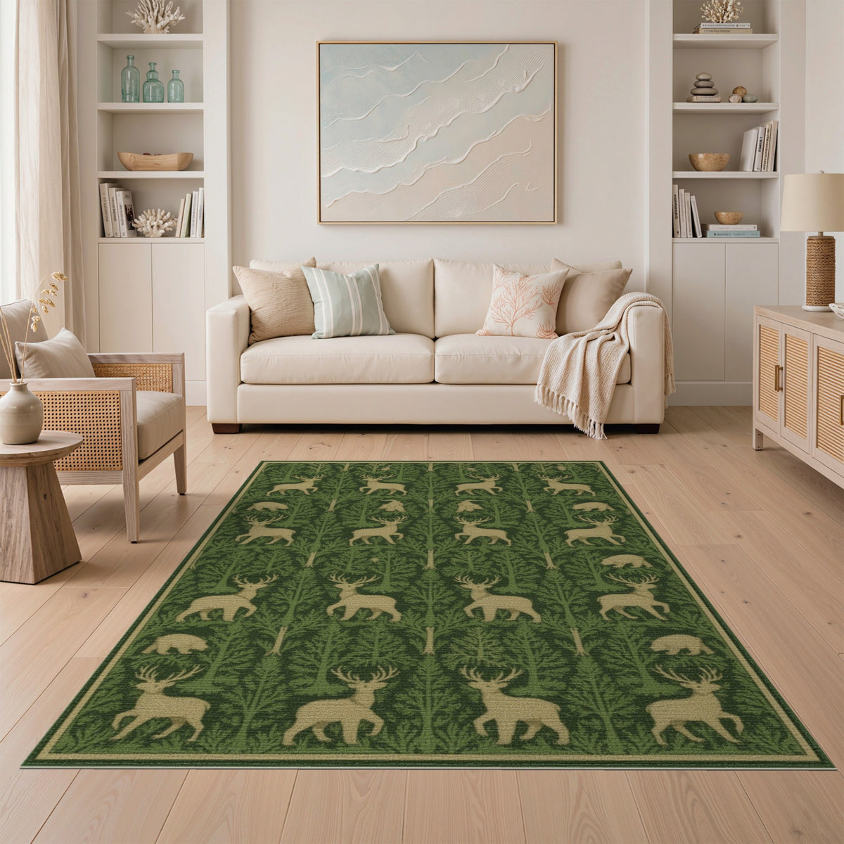 Green Forest Deer Bear Rustic Area Rug