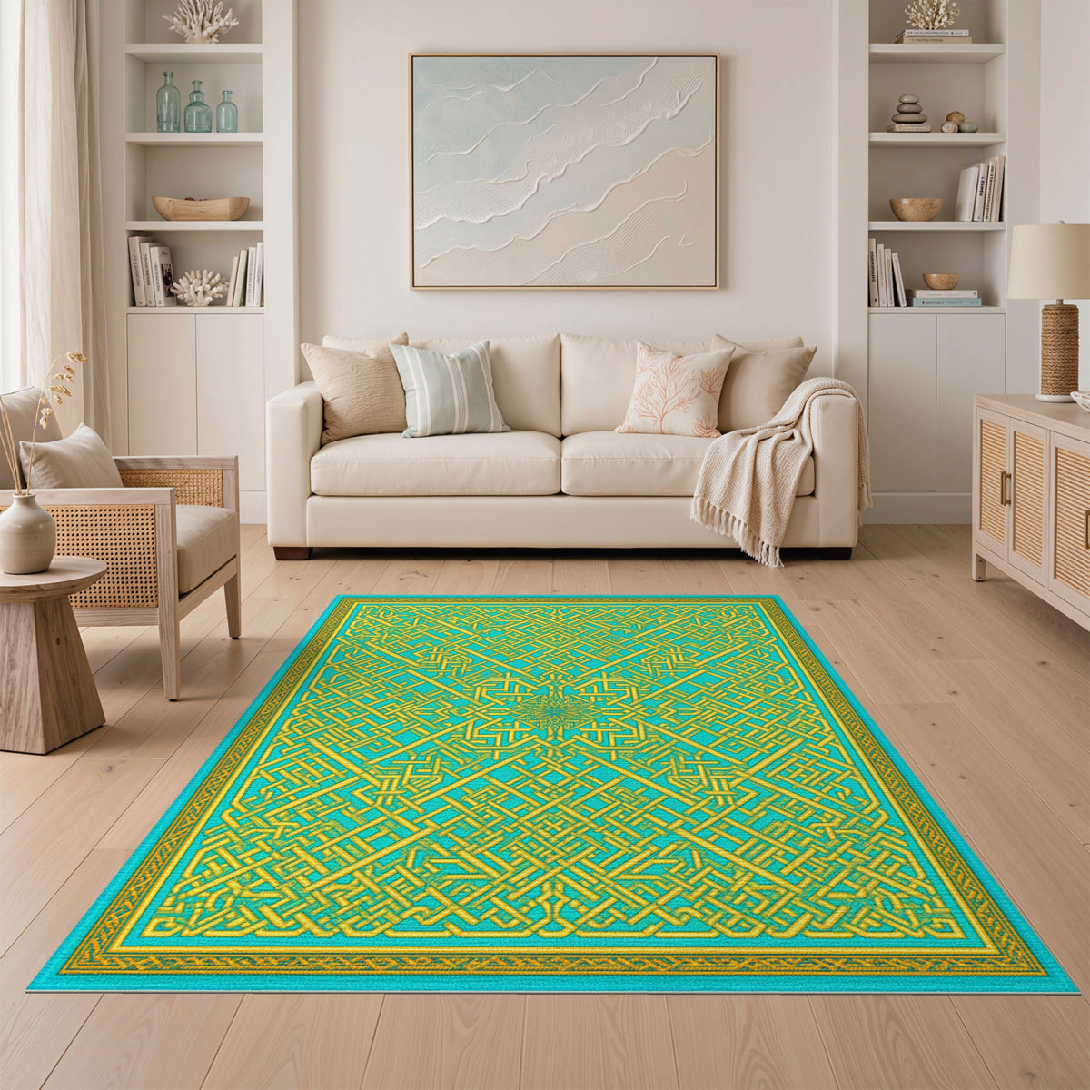 Blue and Teal Geometric Interlock Area Rug