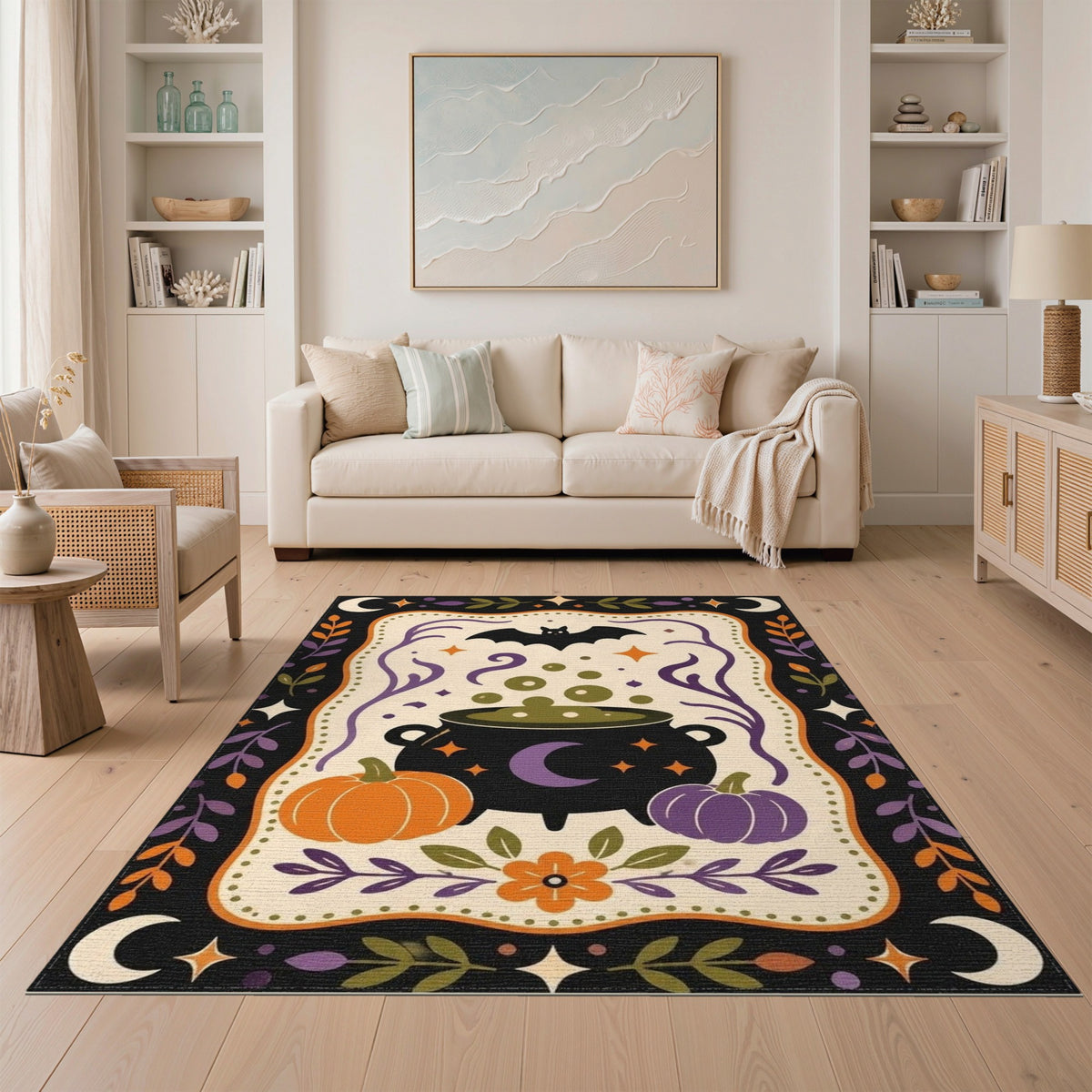 Halloween Cauldron Bat Pumpkins Washable Area Rug