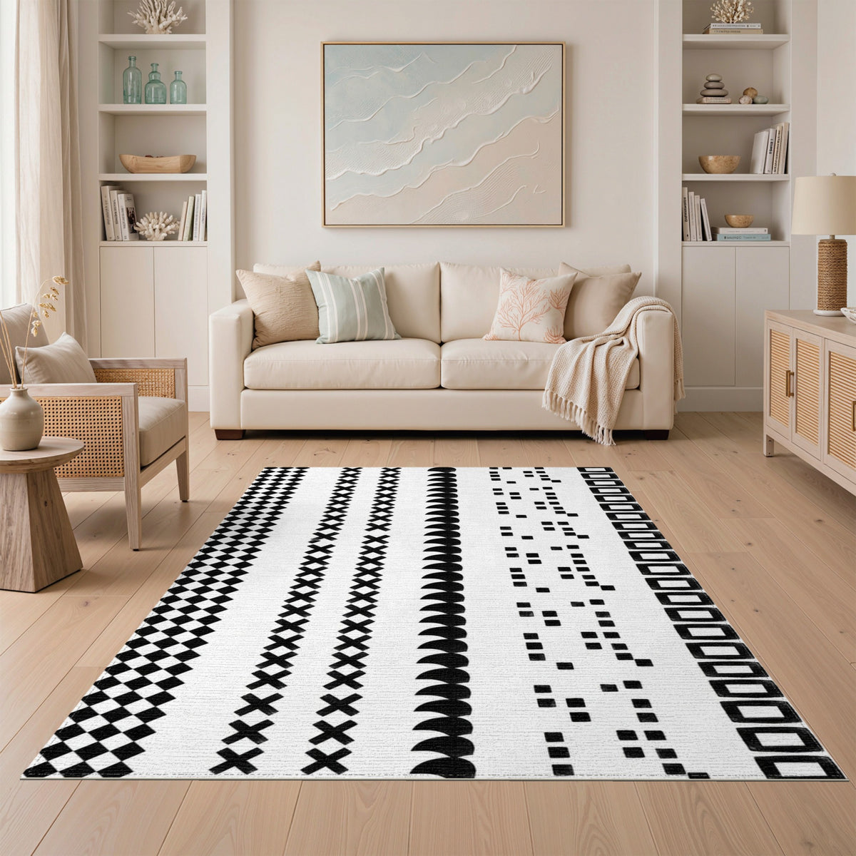 Black White Geometric Striped Area Rug