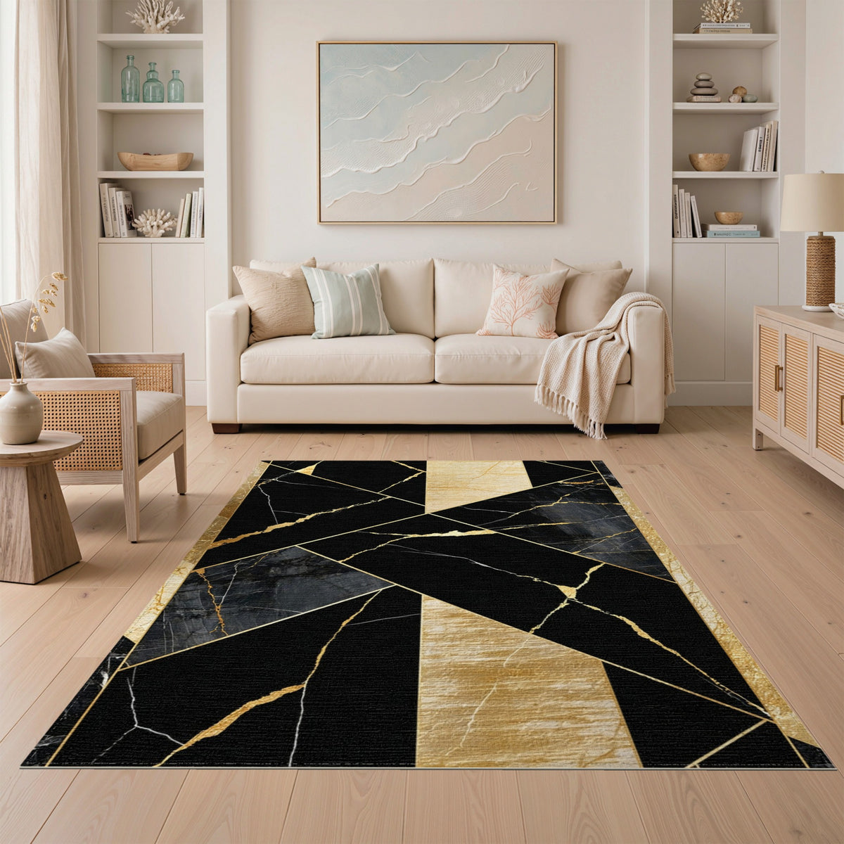 Black and White Black Gold Geometric Marble Area Rug