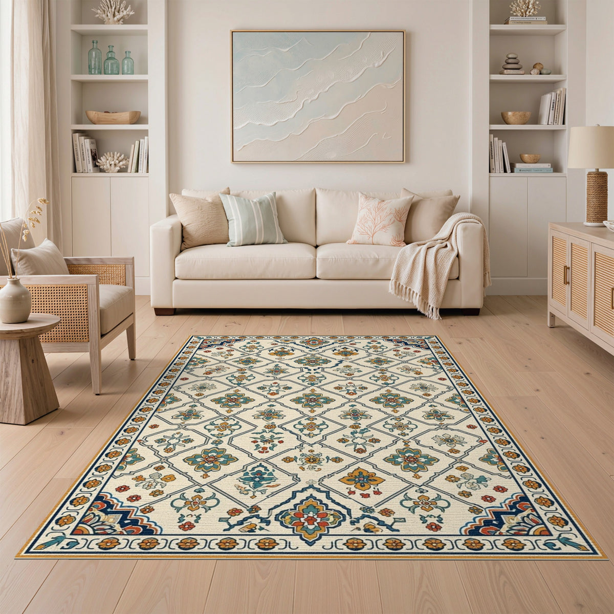 Blue Teal Floral Vintage Area Rug