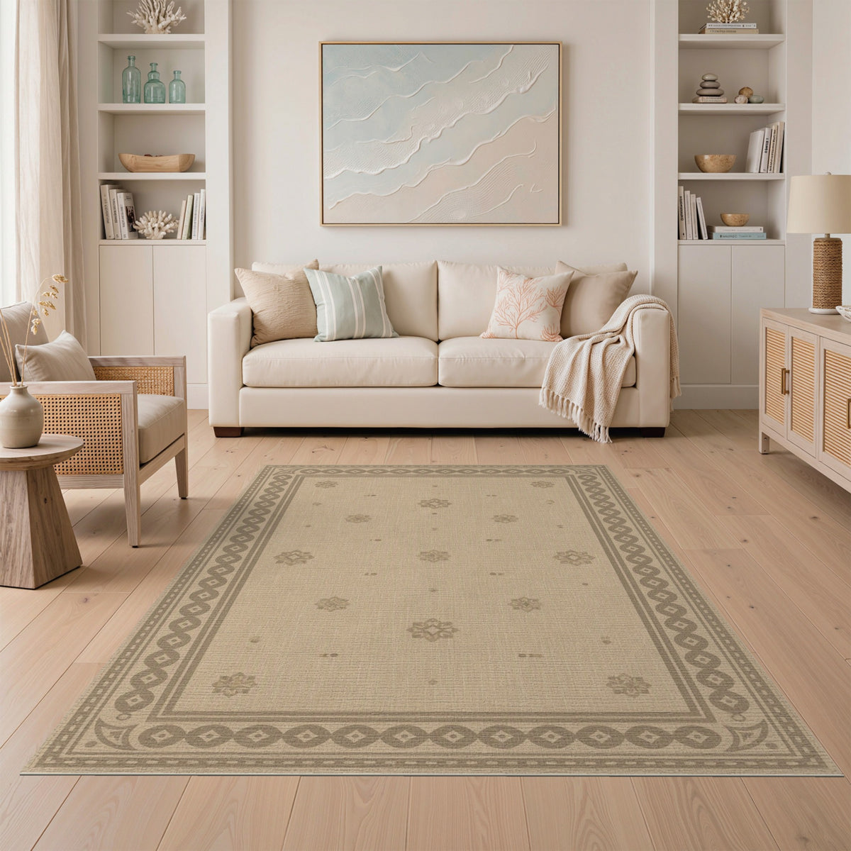 Beige Neutral Persian Floral Border Area Rug