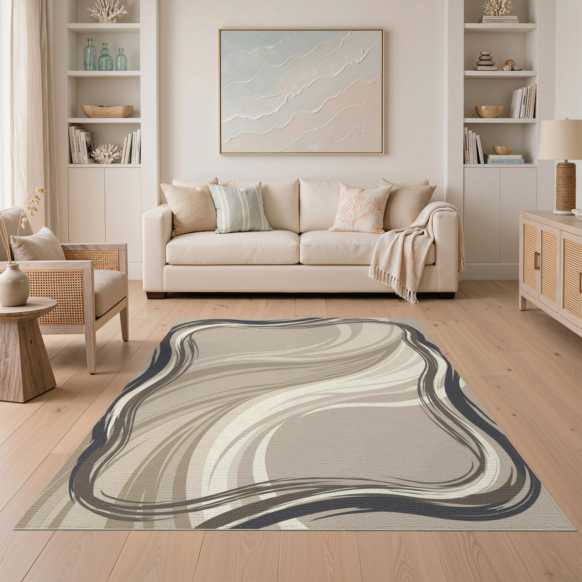 Abstract Area Beige and Neutral Beige Abstract Flow Area Rug