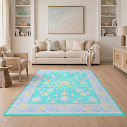 Washable Floral Vintage Teal Floral Vintage Washable Area Rug