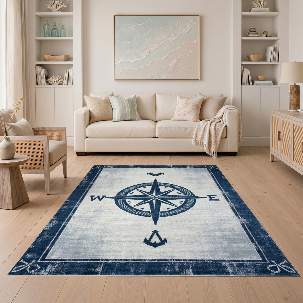 Blue Nautical Compass Washable Area Rug
