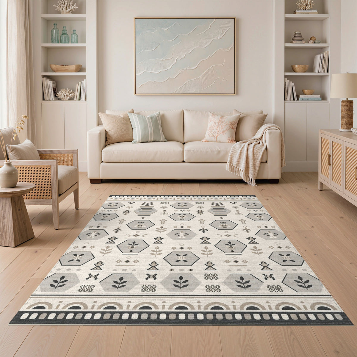 Beige Geometric Hexagon Washable Area Rug