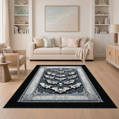 Black and White Gothic Skull Bat Black White Area Rug
