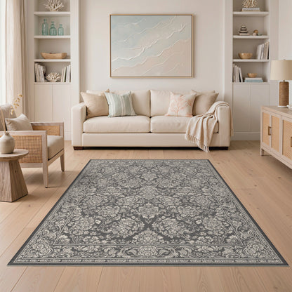 Black White Floral Vintage Area Rug