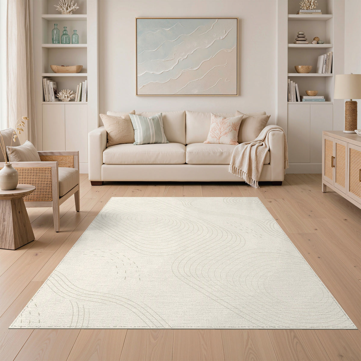 Beige and Neutral Beige Abstract Contour Area Rug