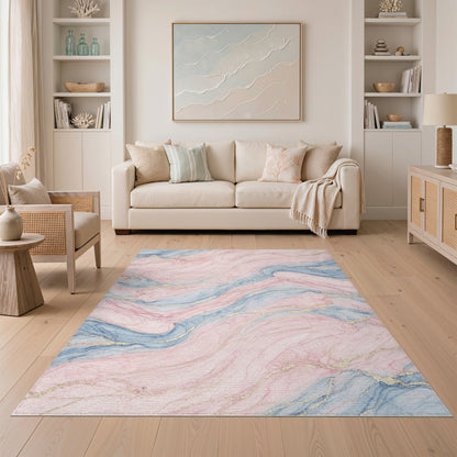 Pink Abstract Area Pink Blue Marble Swirl Area Rug
