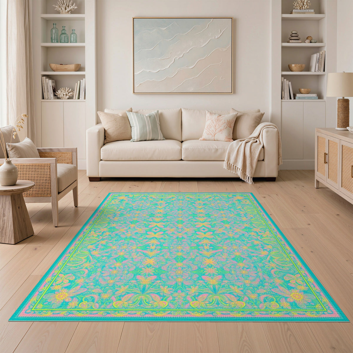 Vibrant Teal Floral Vintage Area Rug