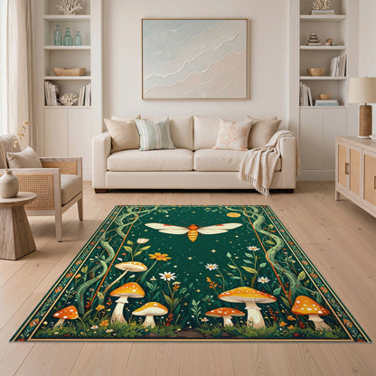 Enchanted Moth Mushroom Green Kids Area Rug