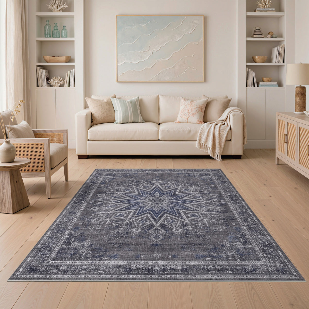 Grey Distressed Starburst Medallion Area Rug
