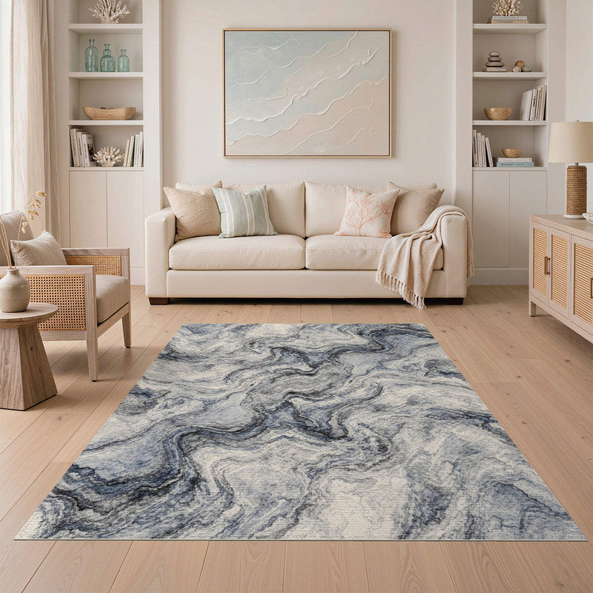 Abstract Area Blue and Teal Blue Marble Swirl Area Rug