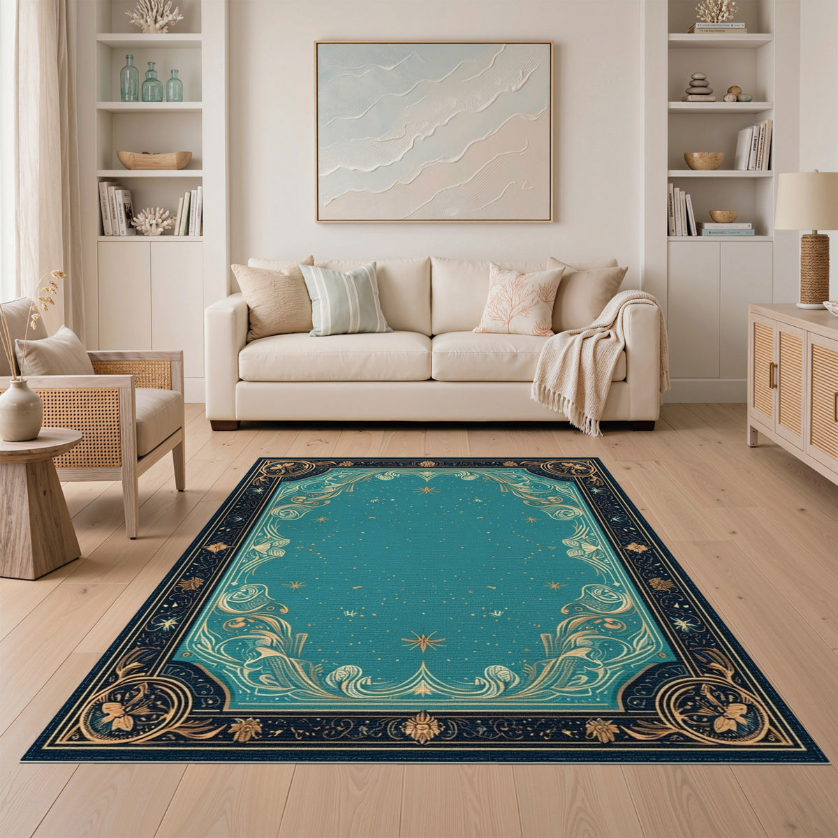 Teal Floral Vintage Area Rug with Gold Border