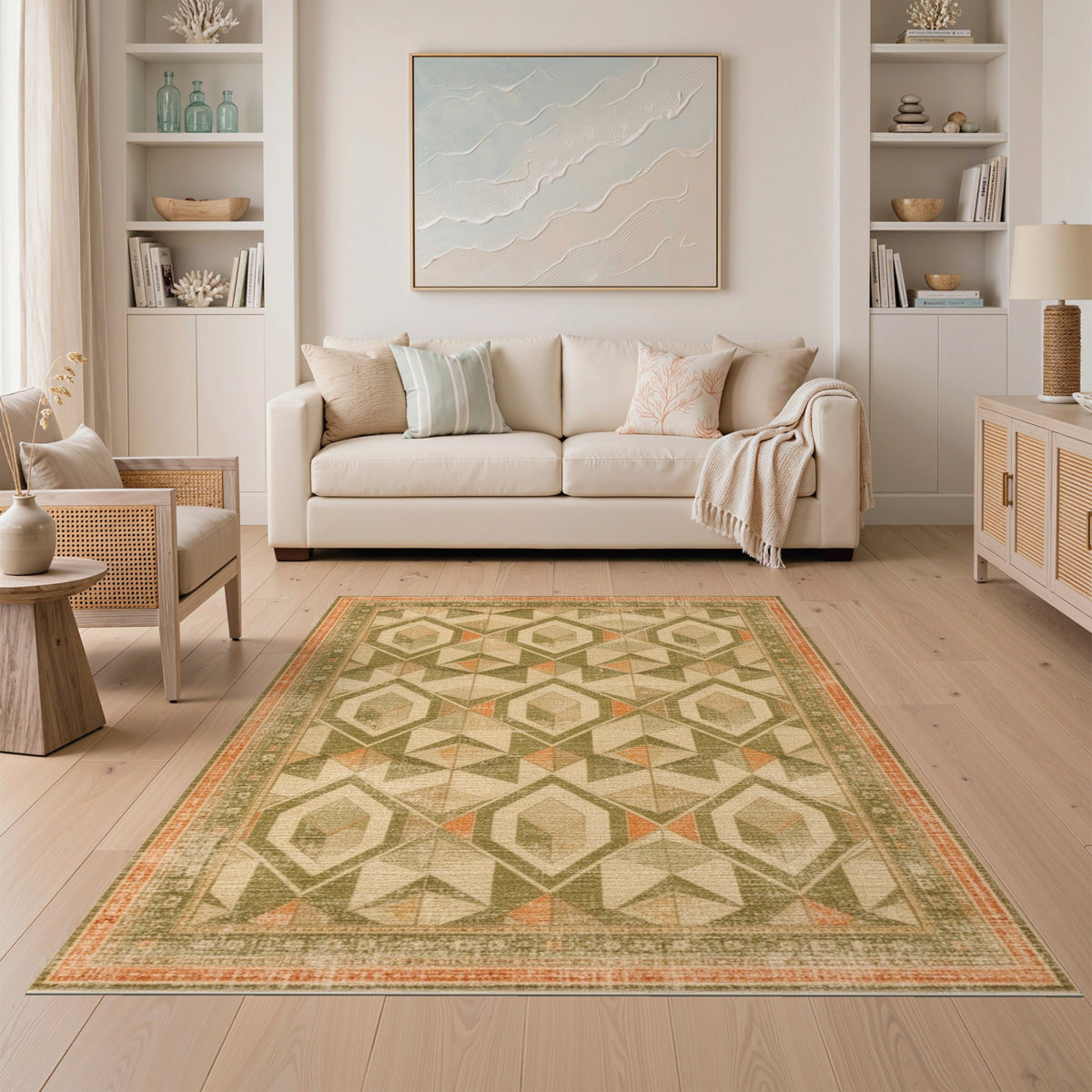 Distressed Green Geometric Diamond Area Rug