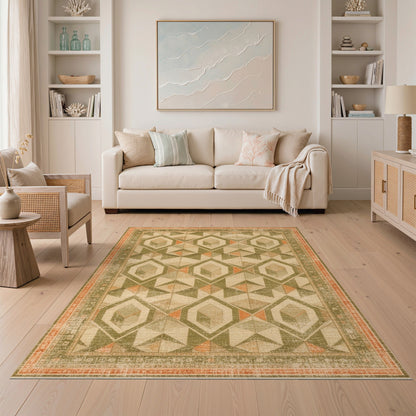 Distressed Green Geometric Diamond Area Rug