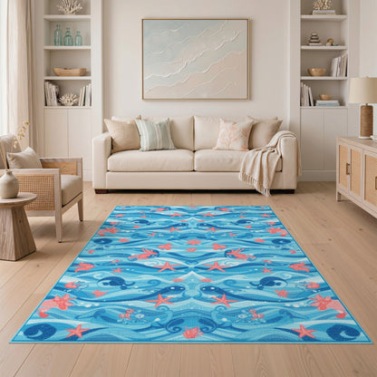 Blue Ocean Waves Sea Life Area Rug